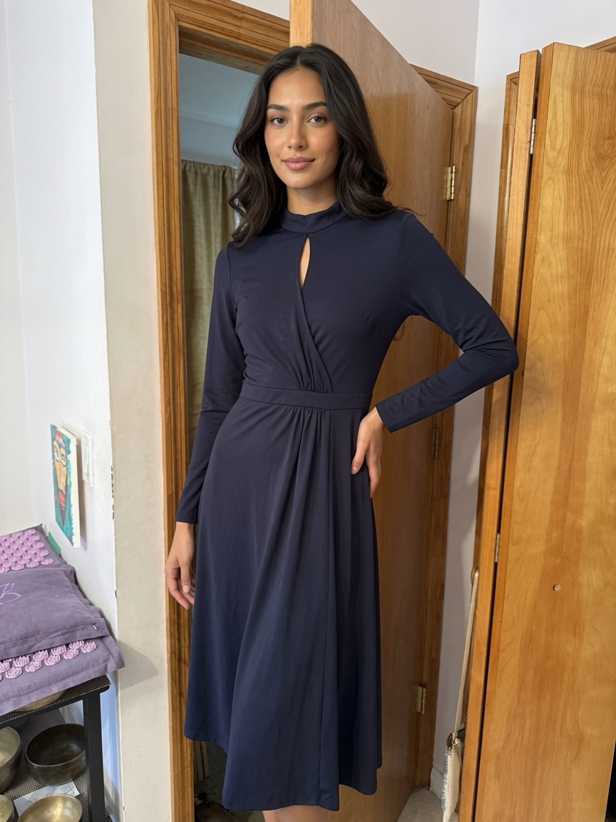 Women's Navy Long Sleeve Midi Dress With Keyhole Detail
